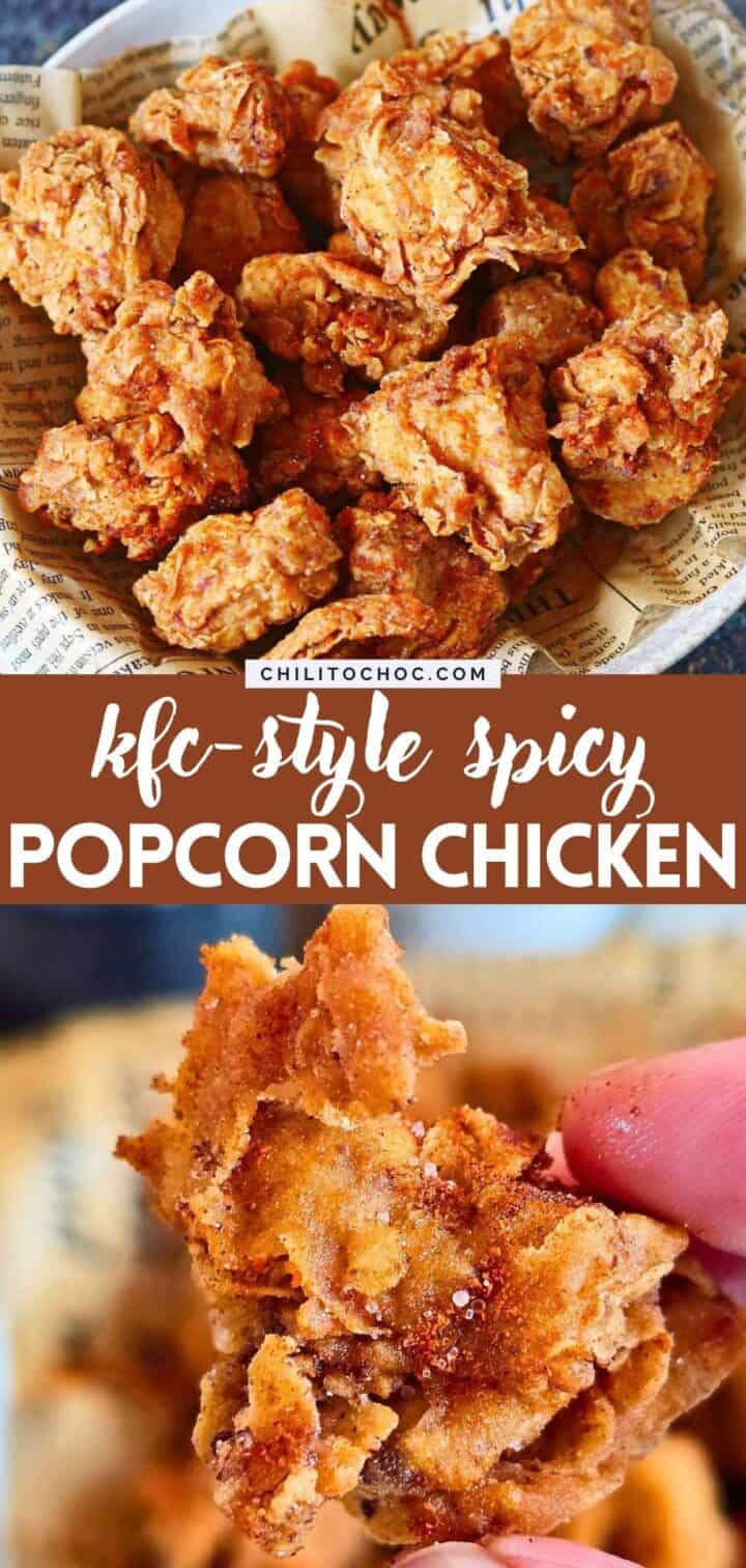 Pinterest collage for spicy popcorn chicken.