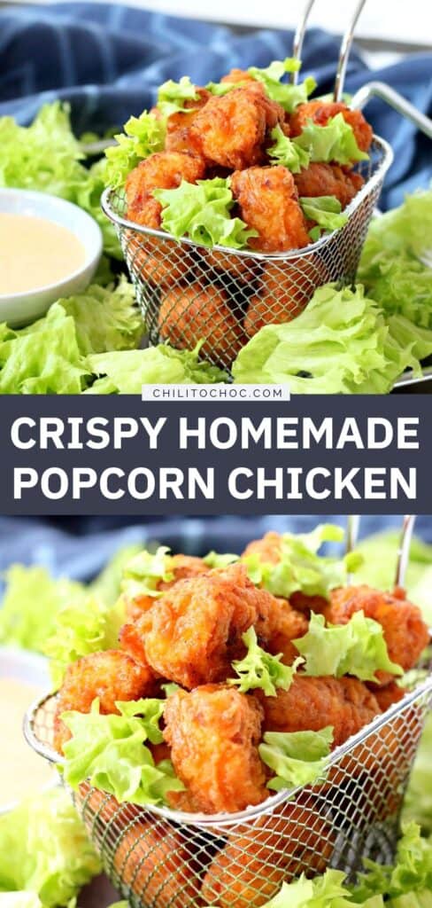 Pinterest Graphic for crispy homemade popcorn chicken