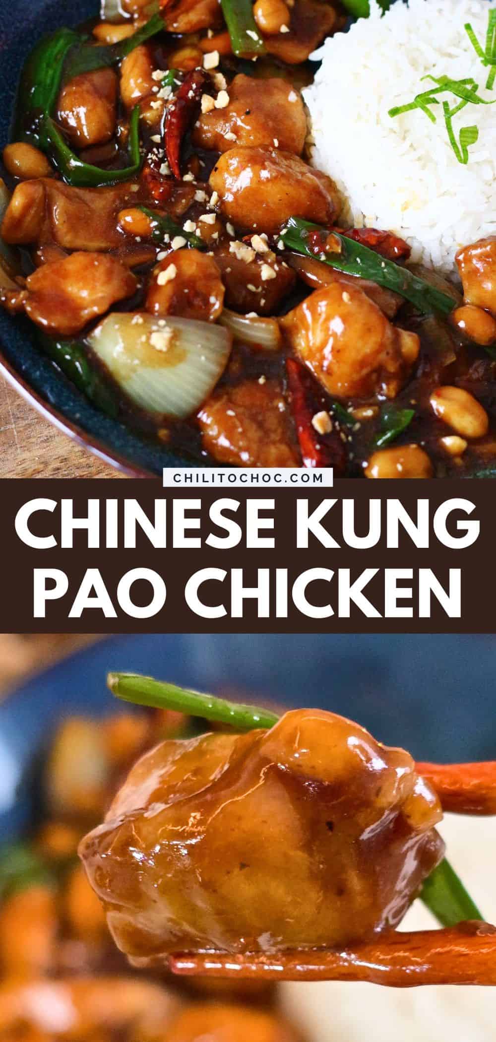 Pinterest collage for Chinese Kung Pao Chicken.