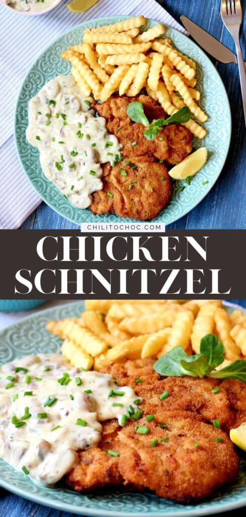 Pinterest graphic for chicken schniztel with mushroom sauce.