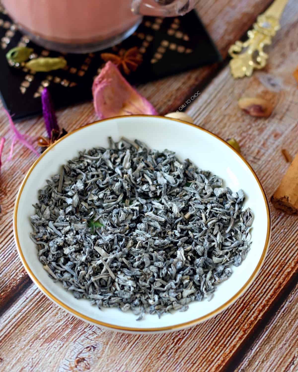 Loose Kashmiri Tea Leaves in a white plate