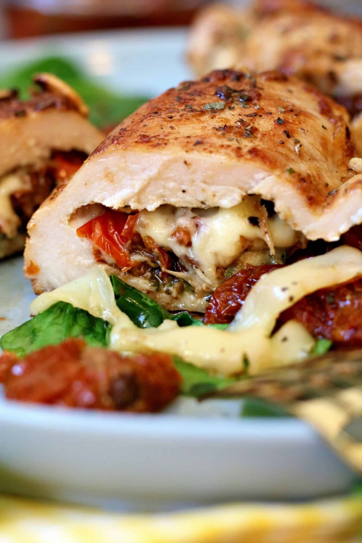 Closeup Stuffed chicken with sundried tomatoes, Gouda and baby spinach