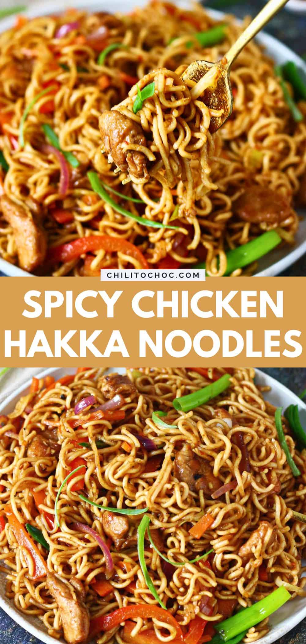 Pinterest collage for spicy chicken hakka noodles.