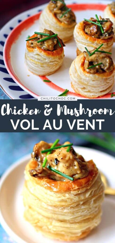 Chicken and Mushroom Vol Au Vent pinterest graphic for chicken and mushroom vol au vent