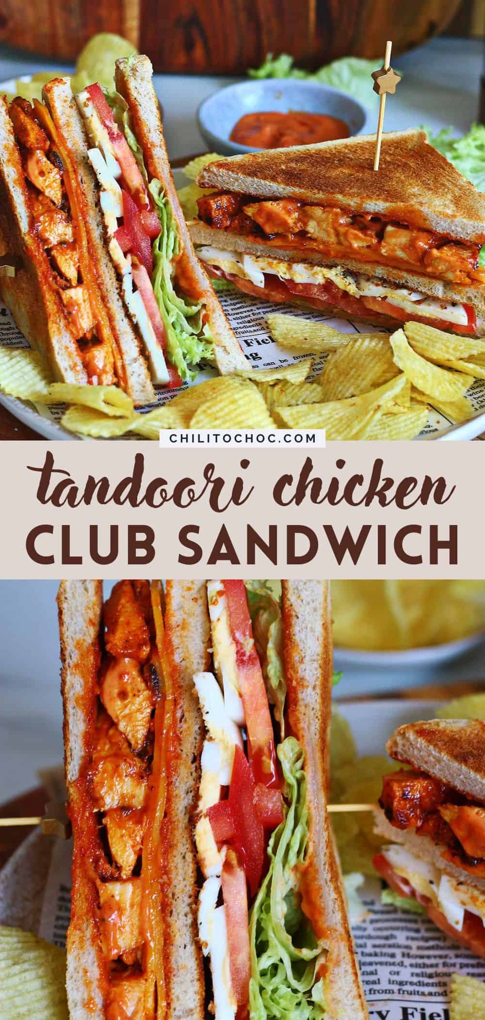 Pinterest collage for tandoori chicken club sandwich.