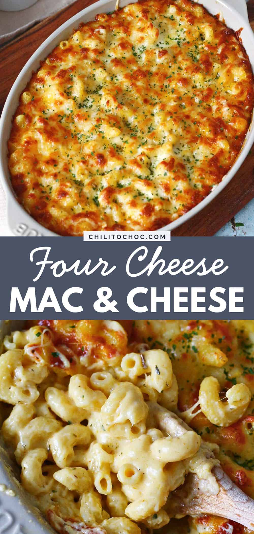 Pinterest collage for four cheese mac and cheese.
