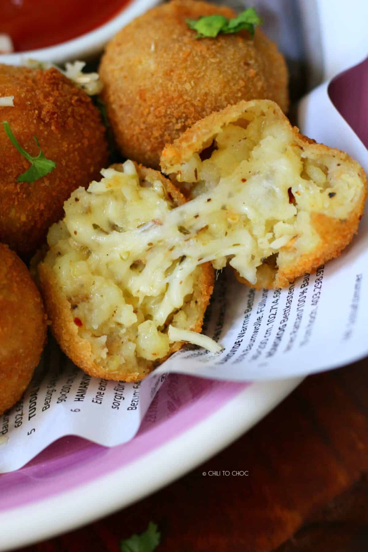 Gooey center of potato and cheese ball