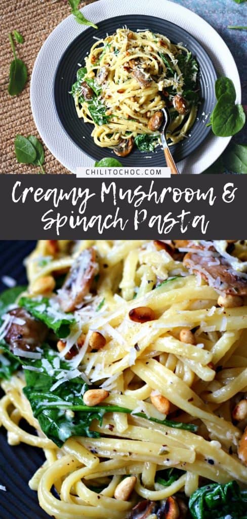 Creamy Mushroom and Spinach Pasta A quick vegetarian pasta dish made with mushrooms, garlic and baby spinach, tossed in a Parmesan cream sauce and then topped with pine nuts.