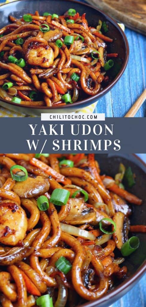 Pinterest graphic for Yaki Udon with Shrimp