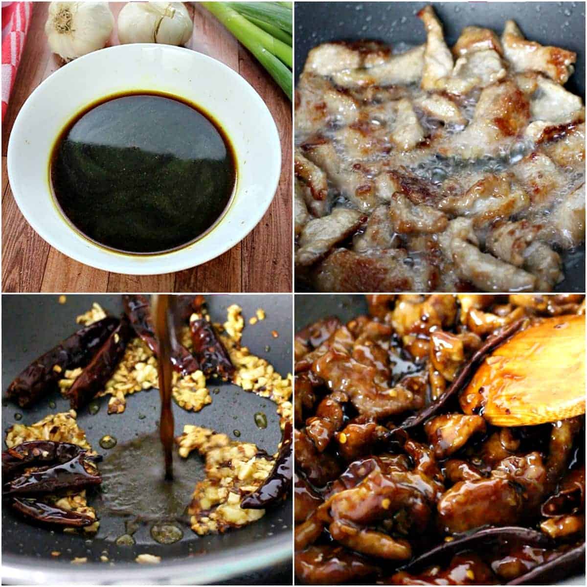 Process shots of Mongolian sauce, fried beef and beef stir fry