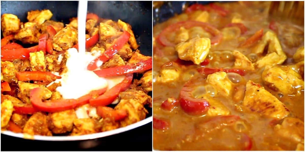 Easy Thai Red Chicken Curry recipe in the making with coconut milk being poured into the pan