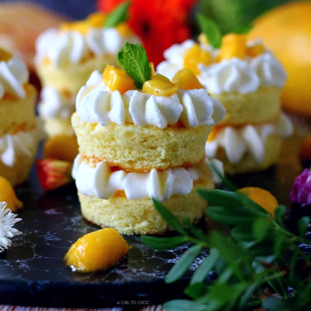 mini mango whipped cream cake decorated with fresh mango cubes and mint leaf