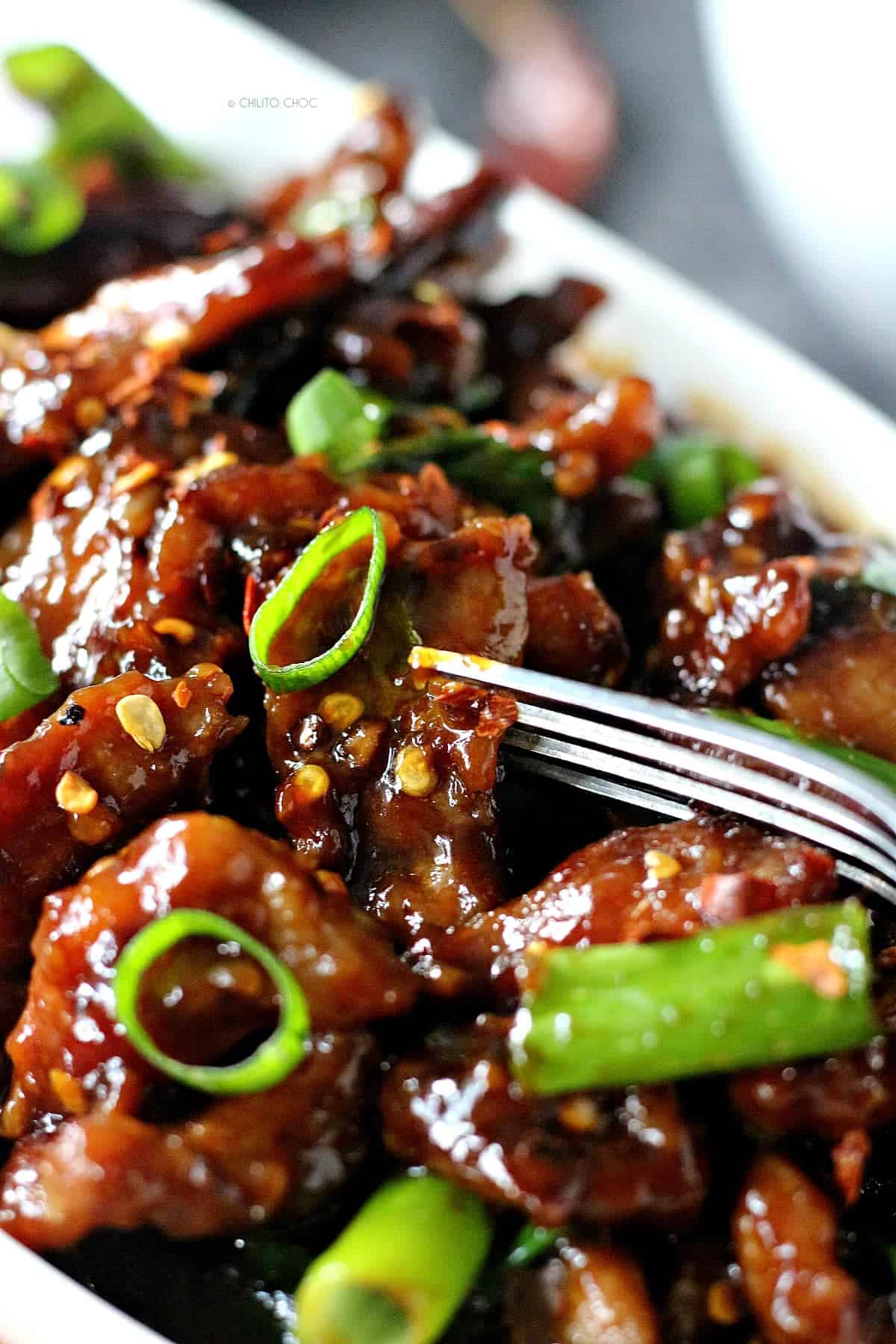 Closeup of mongolian beef with sliced spring onions on top