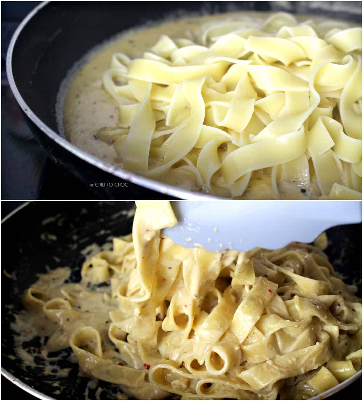 Fettuccine being tossed in Alfredo sauce in a pan
