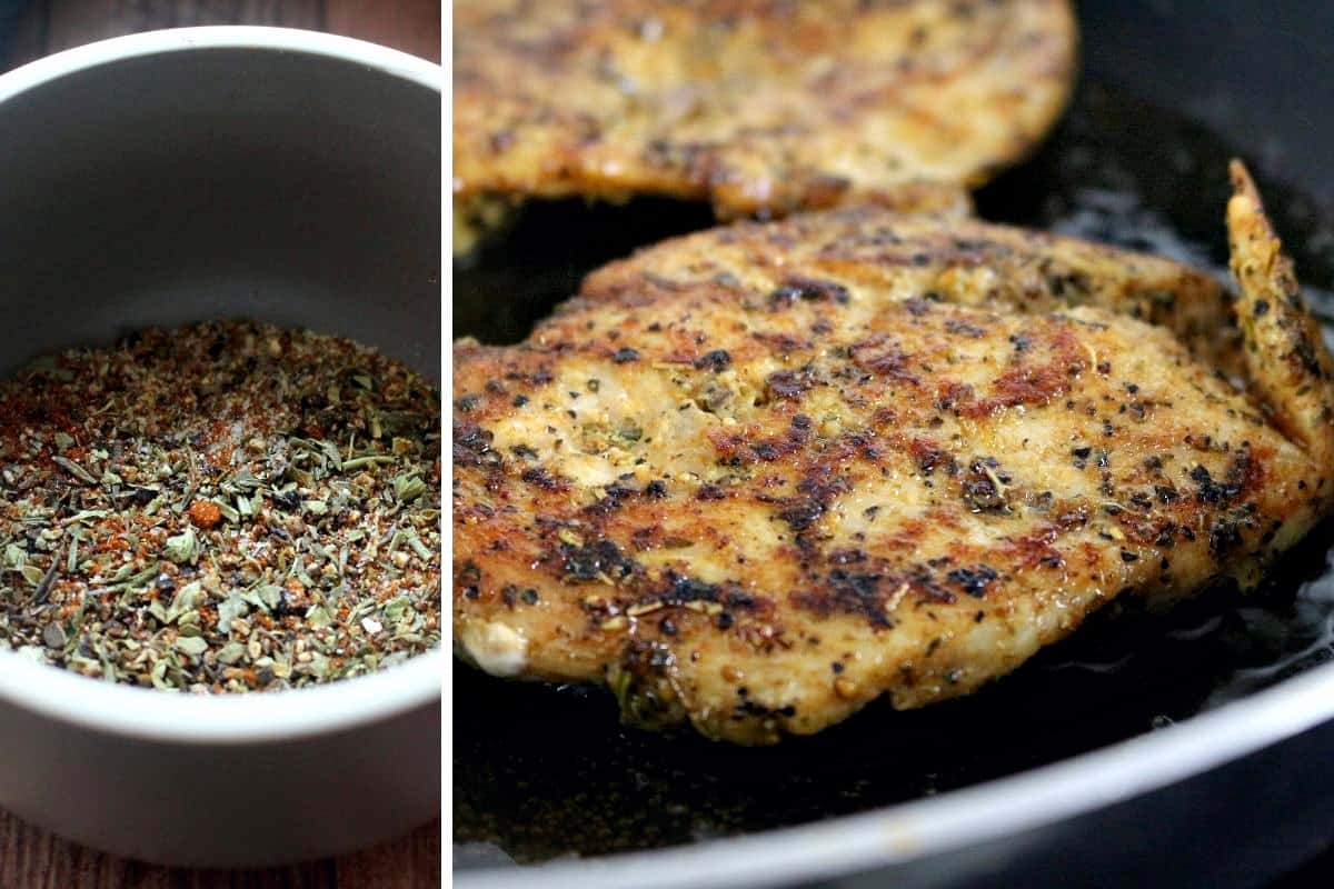 Seasoning for chicken in a bowl and grilled chicken being cooked in a pan