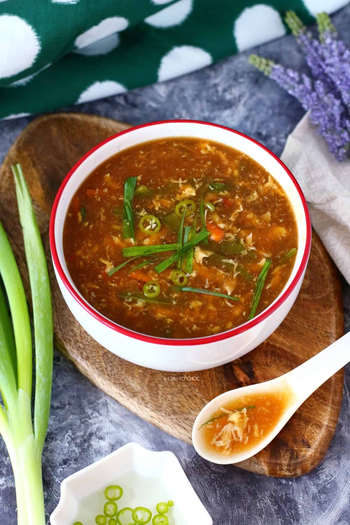 Soup in a white bowl with spring onion and decoration on the side