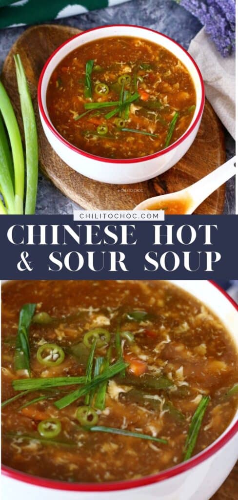 Chinese Hot and Sour Soup Collage of soup in a white a bowl garnished with sliced spring onion and green chili