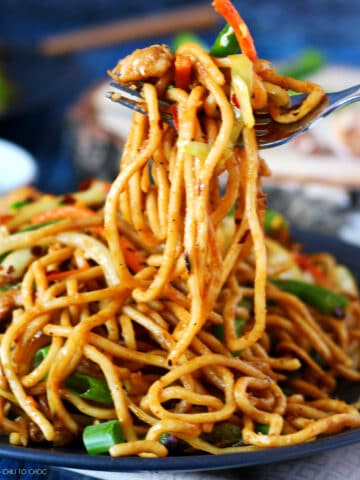 Desi Chow Mein on a fork