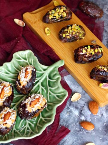 2 kinds of stuffed dates using peanut butter, nutella, pistachio and almond