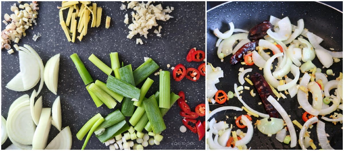 Thai Cashew Nut Chicken Sliced aromatics for stir frying.