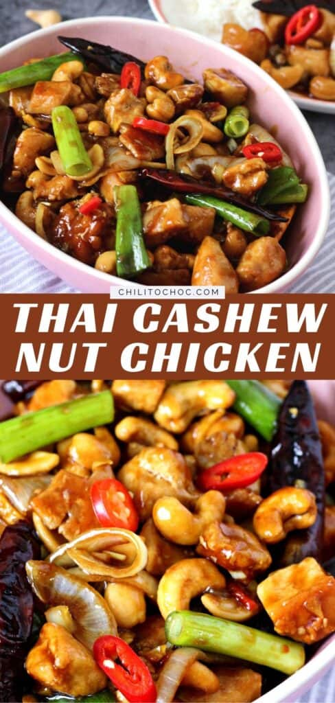 Thai Cashew Nut Chicken Collage of Thai Cashew Chicken with spring onion, red chilies, onion and lemongrass.