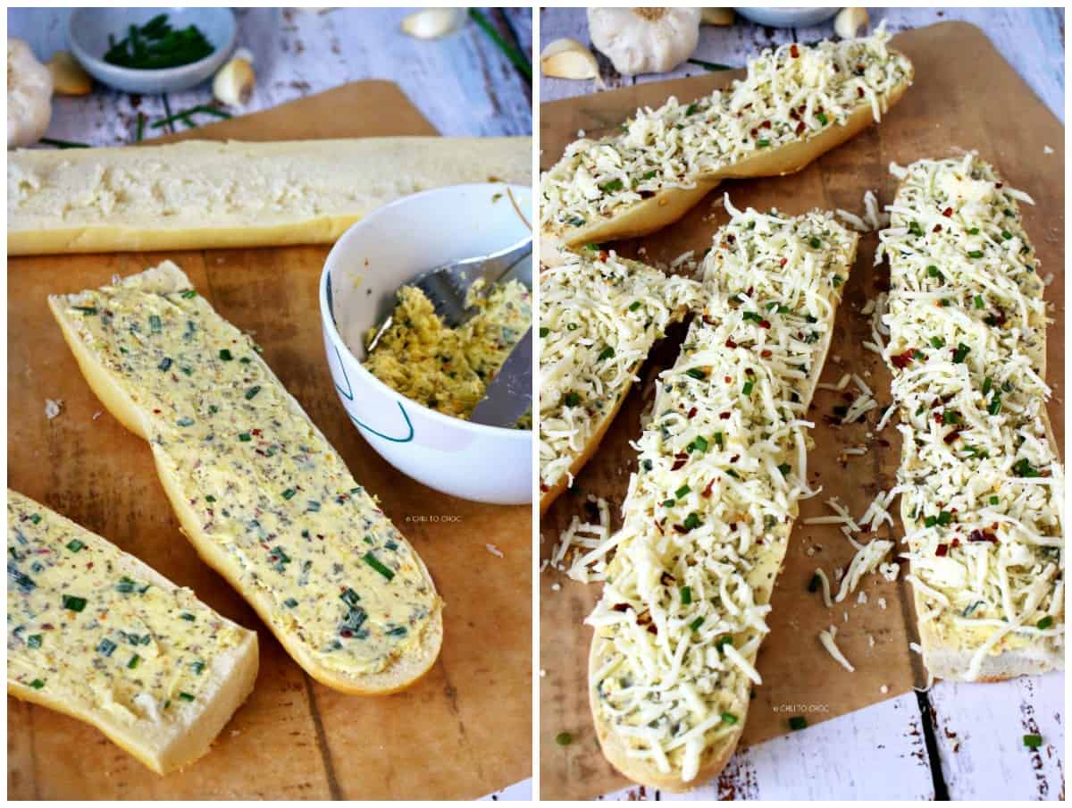 French bread topped with garlic butter on the left and cheese and chives on the right