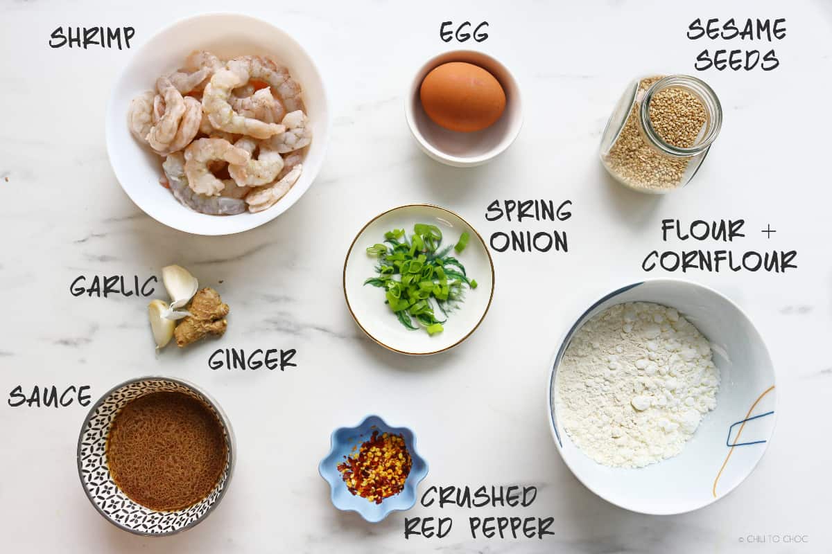 Ingredients needed for making General Tso's Shrimp including egg, flour, garlic ginger, red pepper and egg