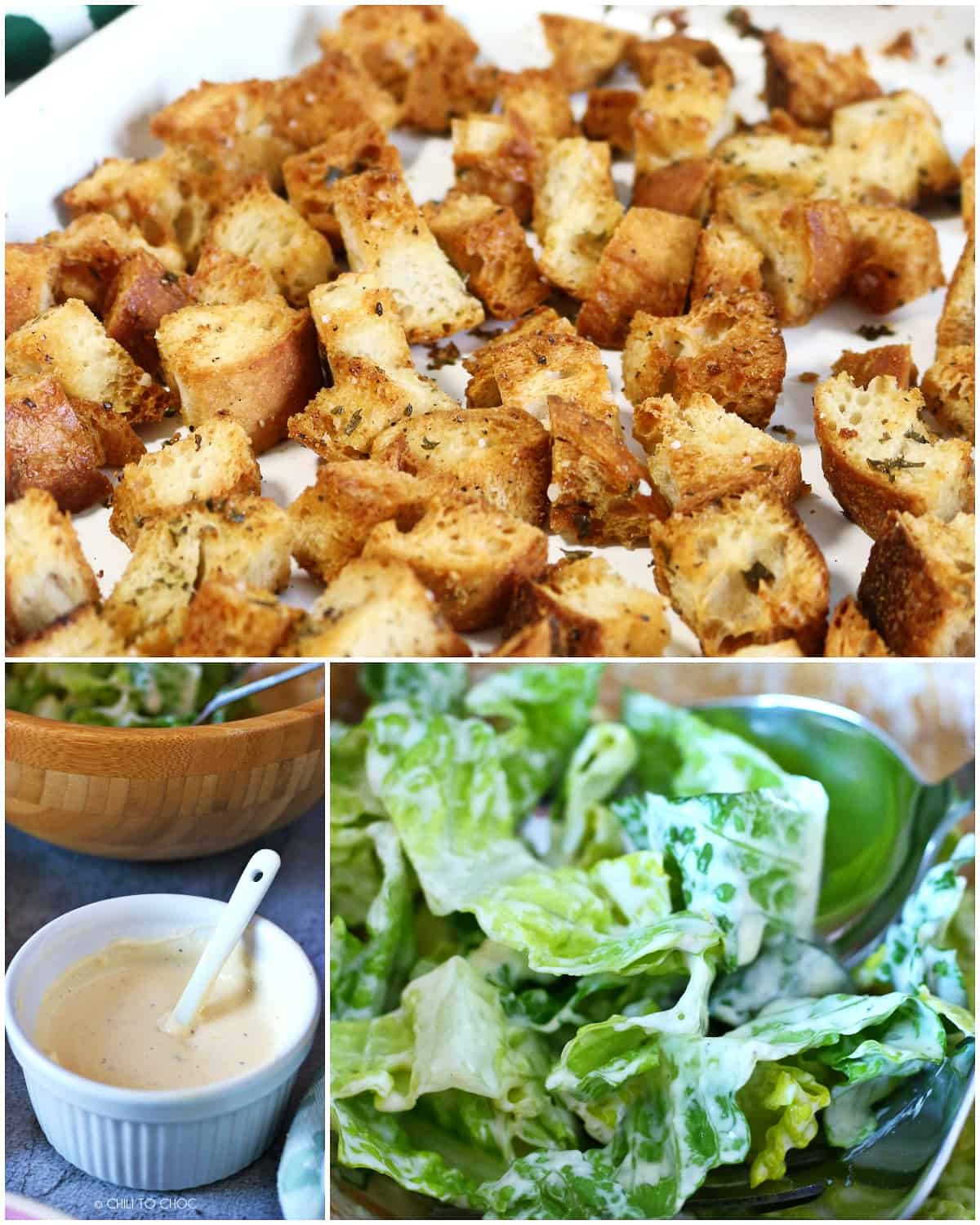Collage of baked croutons, Caesar dressing and lettuce mixed in the dressing.
