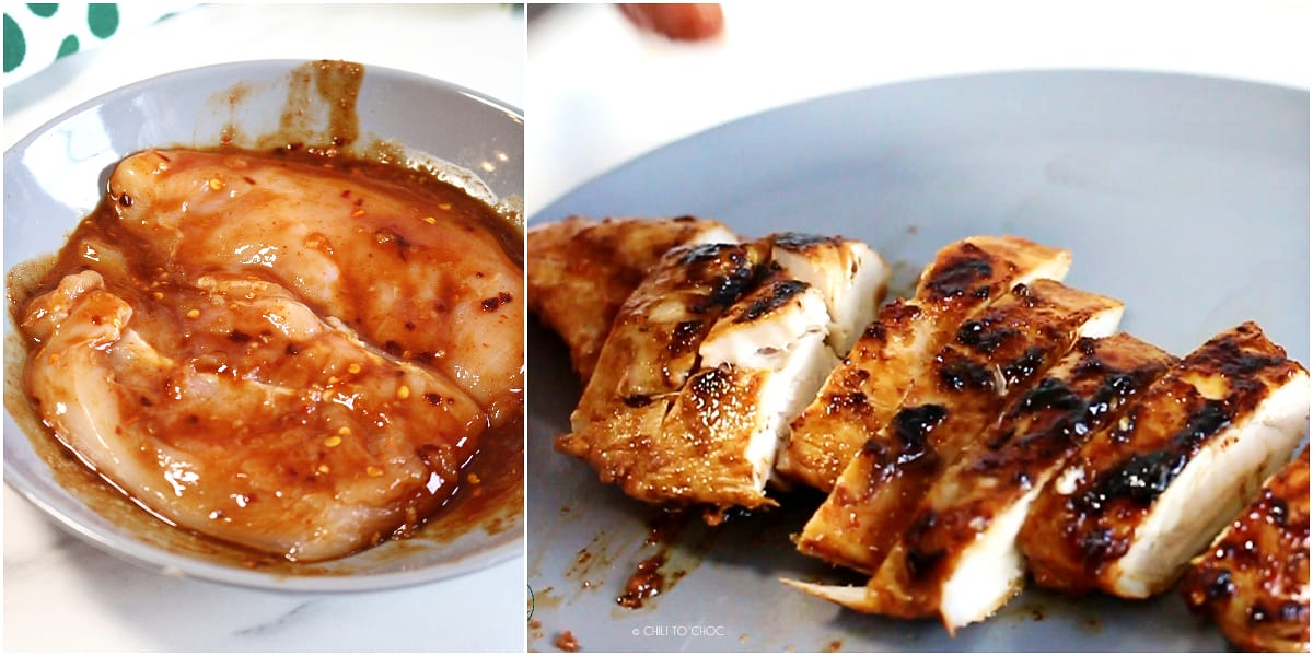 Collage of raw chicken in marinade and grilled chicken on a plate.