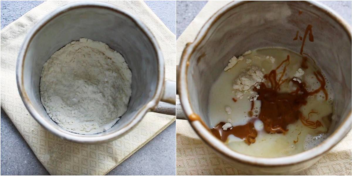 A collage with flour in a mug and another with mug cake batter.