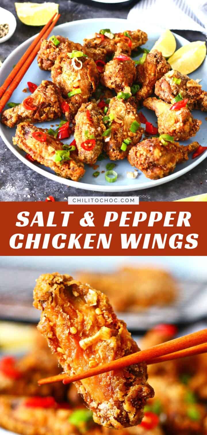 Pinterest graphic for Chinese Salt and Pepper Chicken Wings.