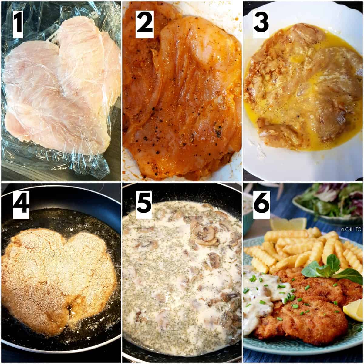 Step by step instruction son how to make chicken schnitzel with mushroom sauce.