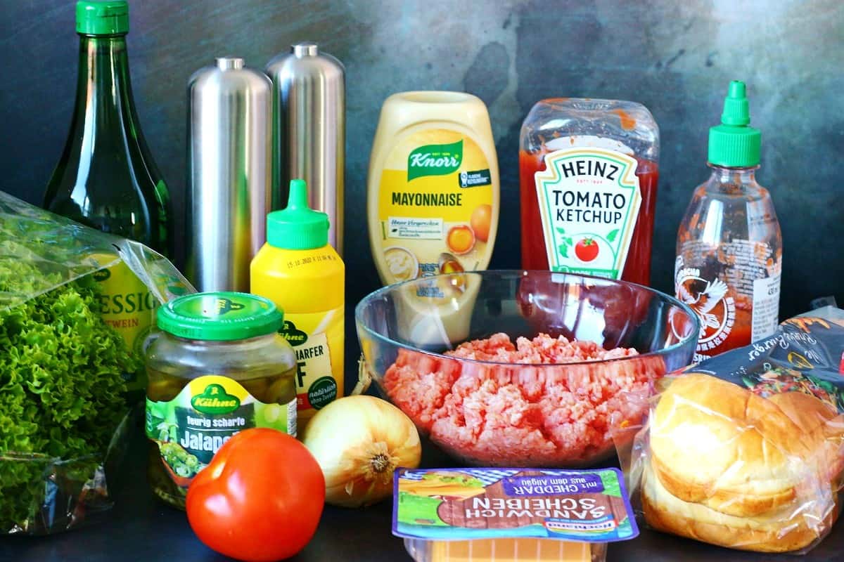 Ingredients for making the ultimate cheeseburger.