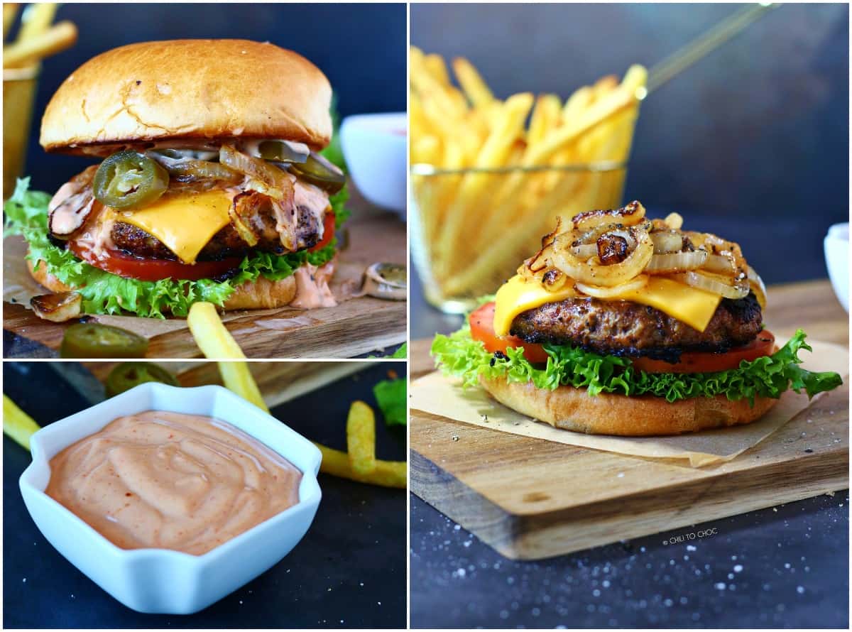 Collage of loaded cheeseburger, sauce in a dip bowl and open hamburger.