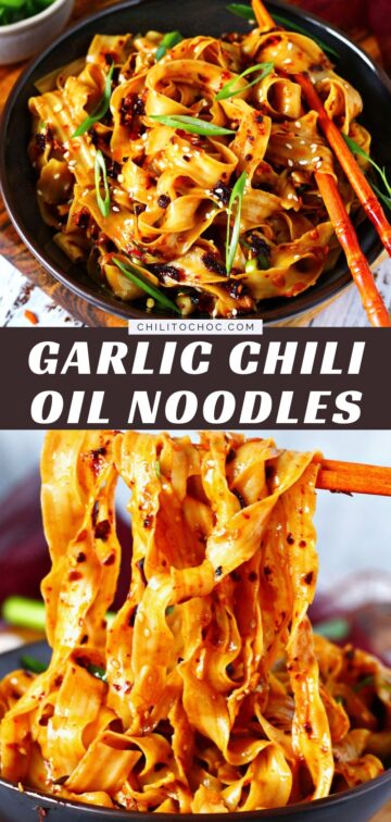 Pinterest graphic for garlic chili oil noodles.