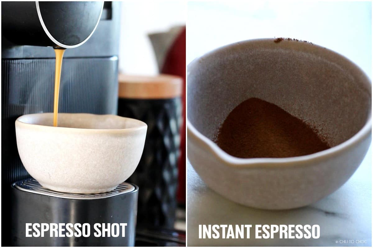 Collage of pulling an espresso shot and and instant coffee.