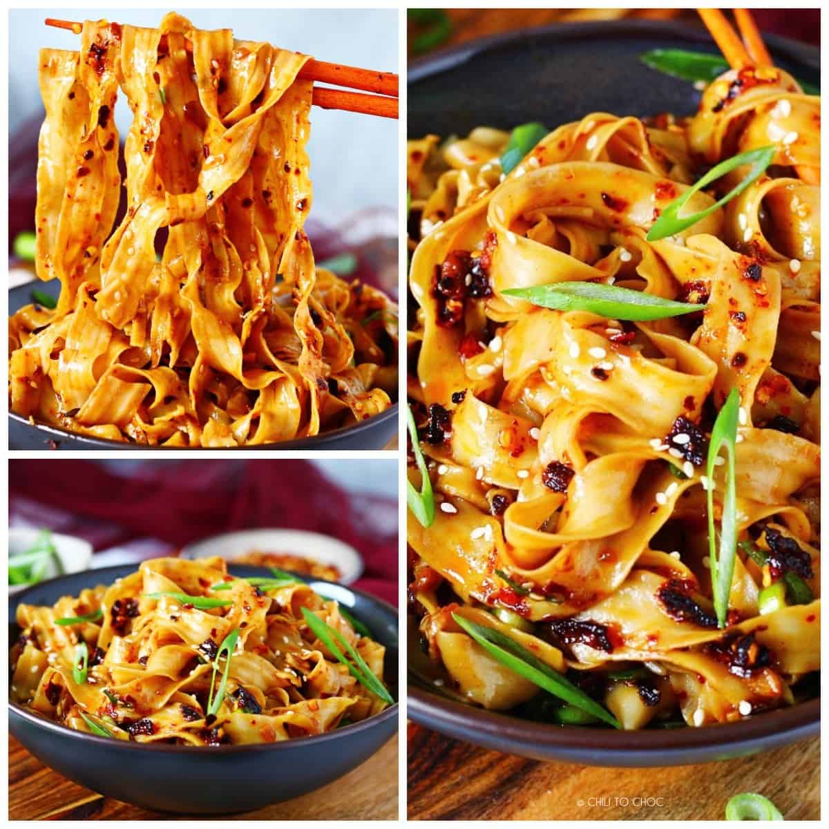 Collage of chili oil noodles held by chopsticks and placed in a bowl.