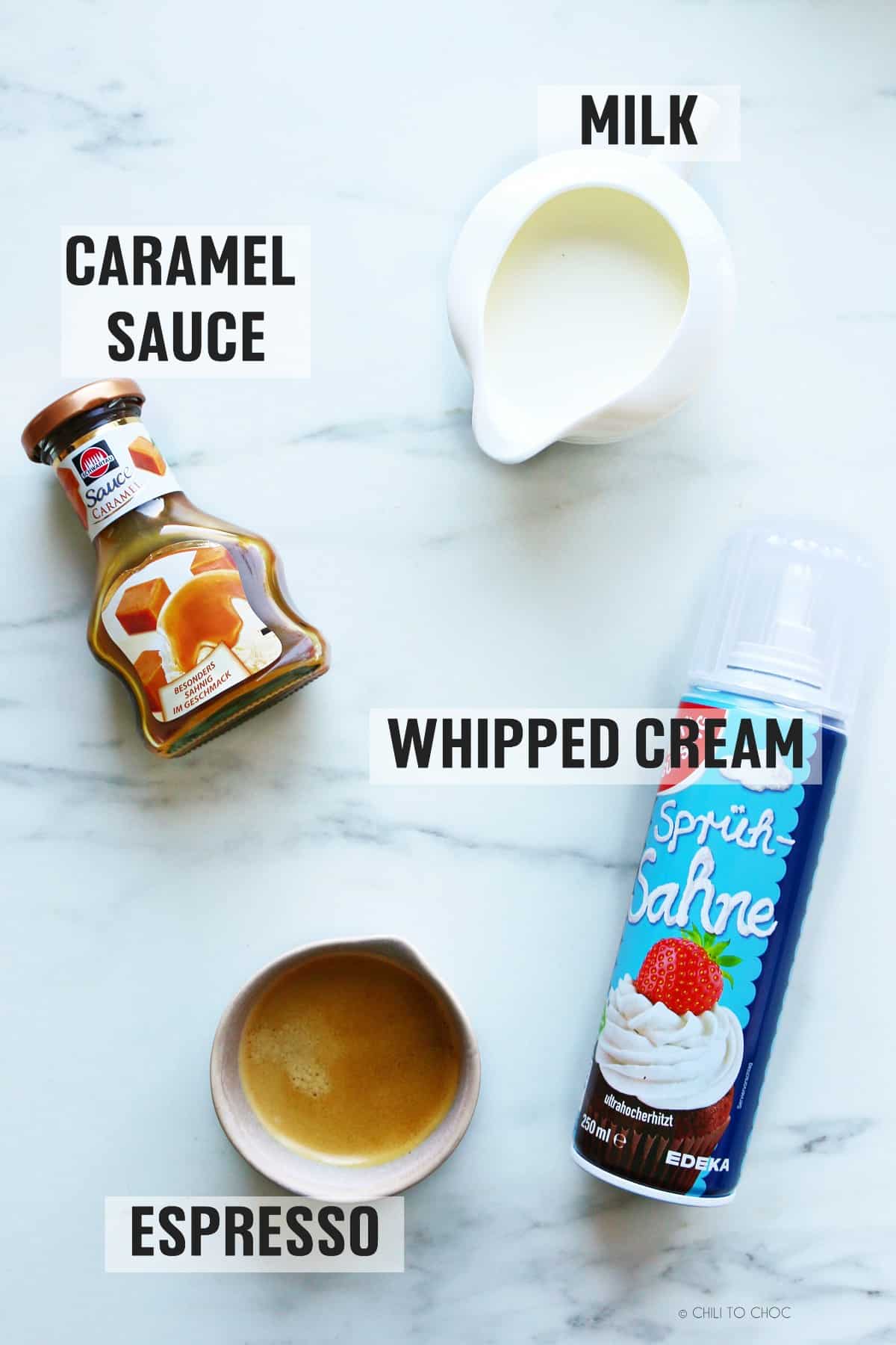 Ingredients for making Caramel Latte.