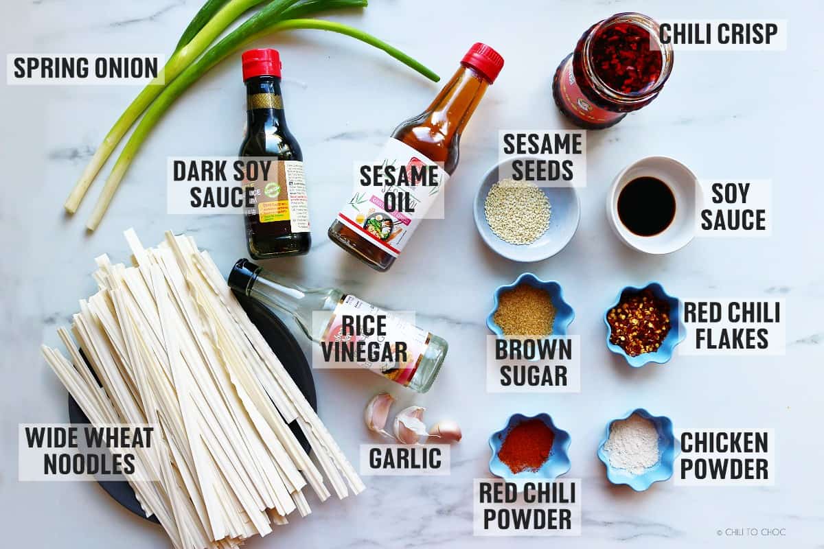 Labeled ingredients to make garlic chili oil noodles.