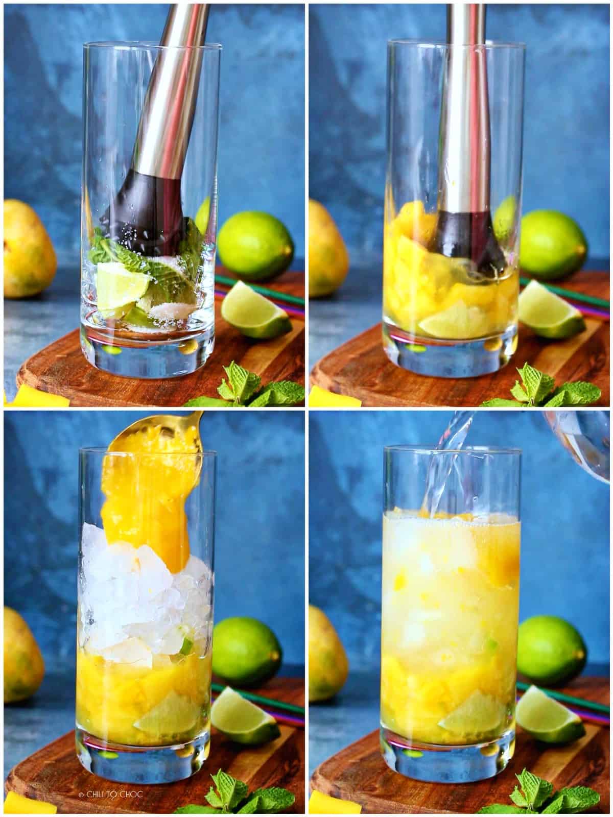Step by step instructions for making mango mojito mocktail.