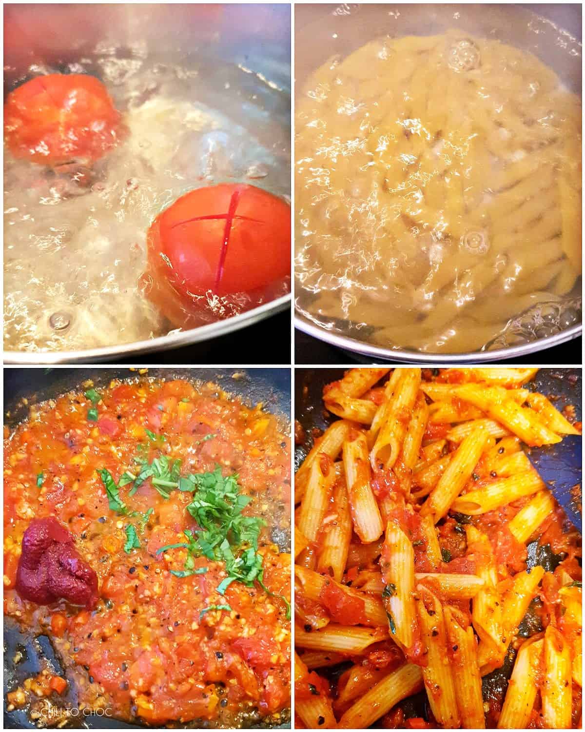 Step by step for making Penne Arrabbiata.