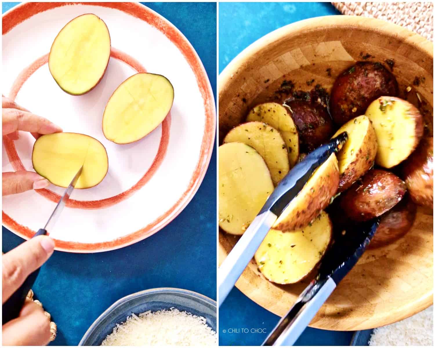 A collage of scoring the potato and tossing them in garlic butter mixture.
