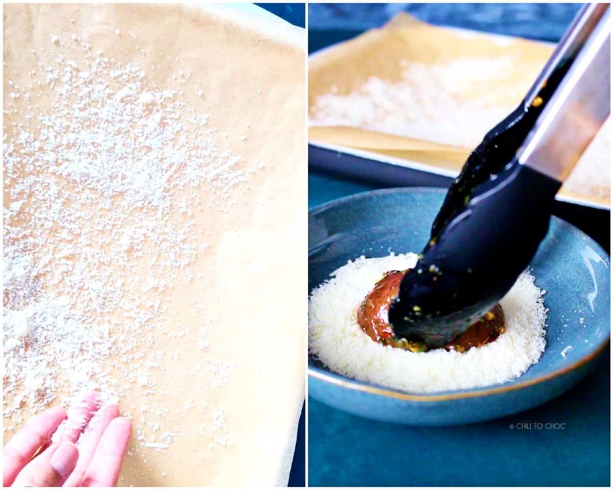 A collage of sprinkling cheese on the baking tray and dipping a potato in grated Parmesan.