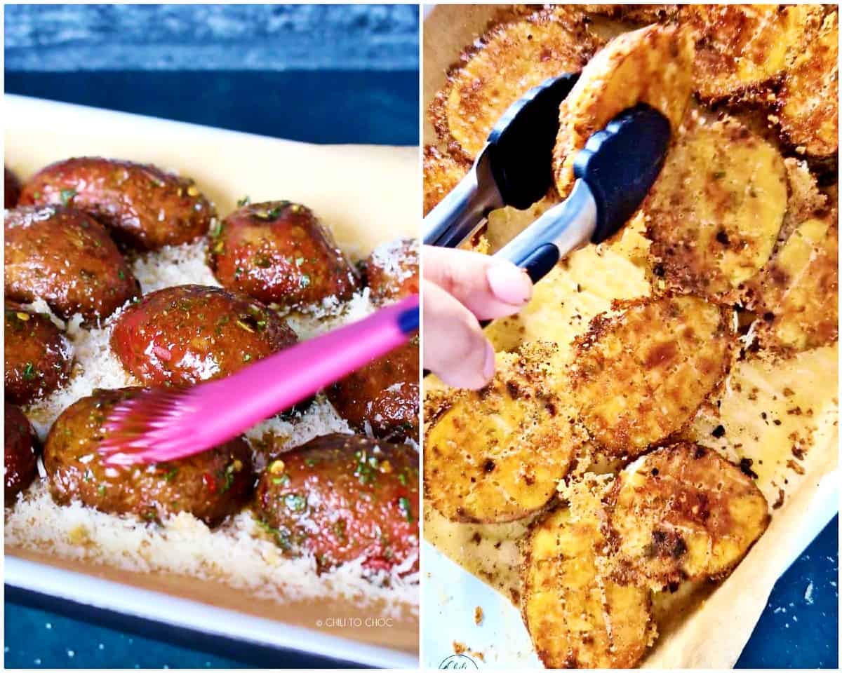 A collage of brushing garlic butter and turning over the oven roasted potatoes.
