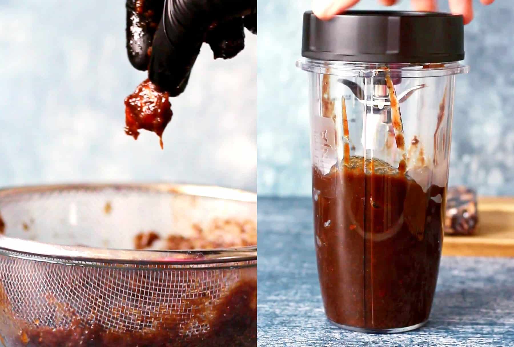 Removing tamarind seeds and then blending the chutney.