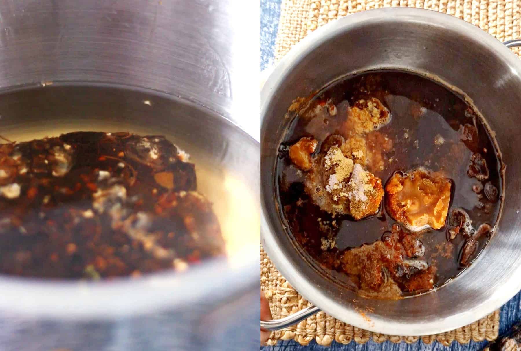 Tamarind mixture in a steel pot.