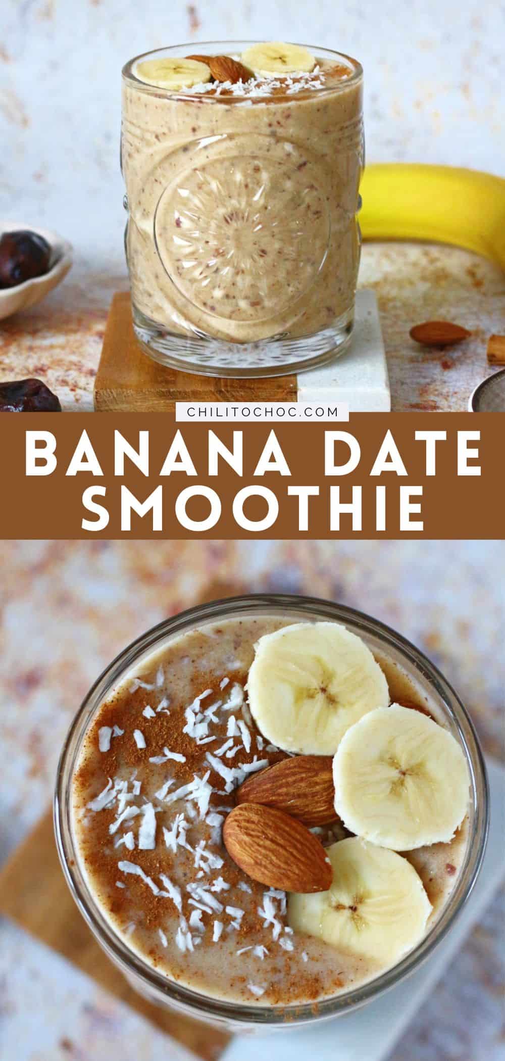 Pinterest graphic for banana date smoothie.