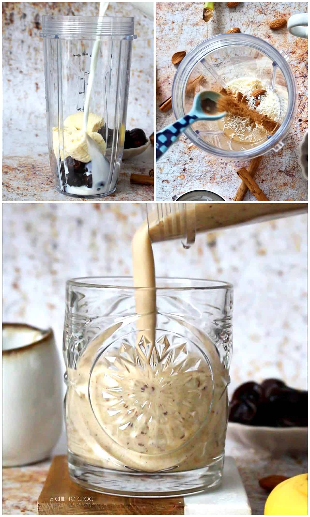 Step by step process of making banana date smoothie with adding ingredients to the blender and then pouring the shake into a glass.