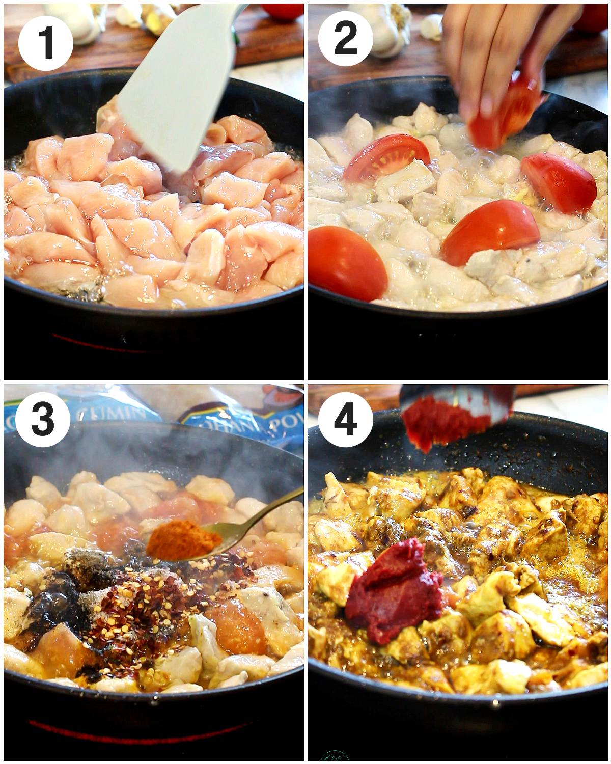 Collage of step 1 to 4 of making chicken handi.