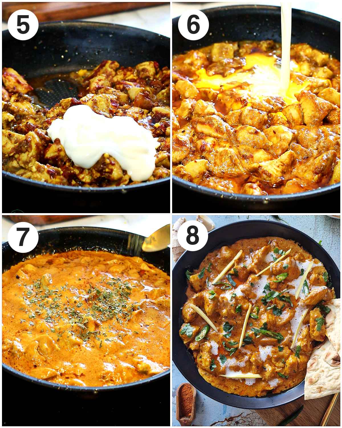 Collage of step 5 to 8 of making chicken handi.